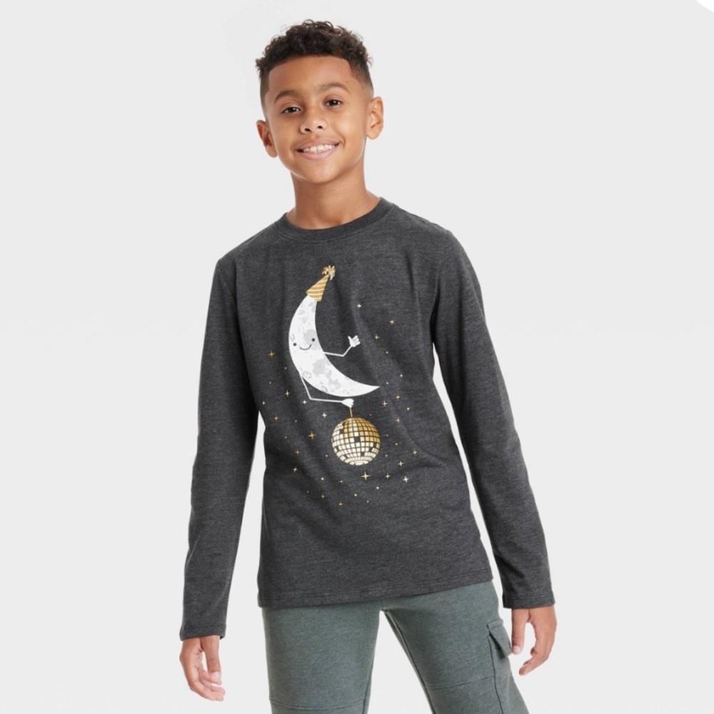 Cat & Jack Boys' Charcoal Moon Graphic Long Sleeve Tee